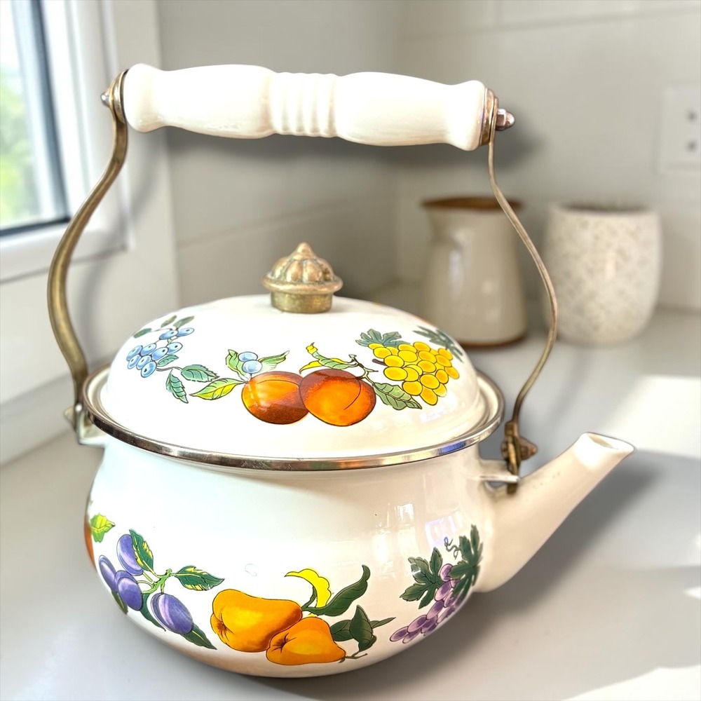 Vintage Enamel Fruit Harvest Tea Kettle White Stovetop Teapot Brass Handle